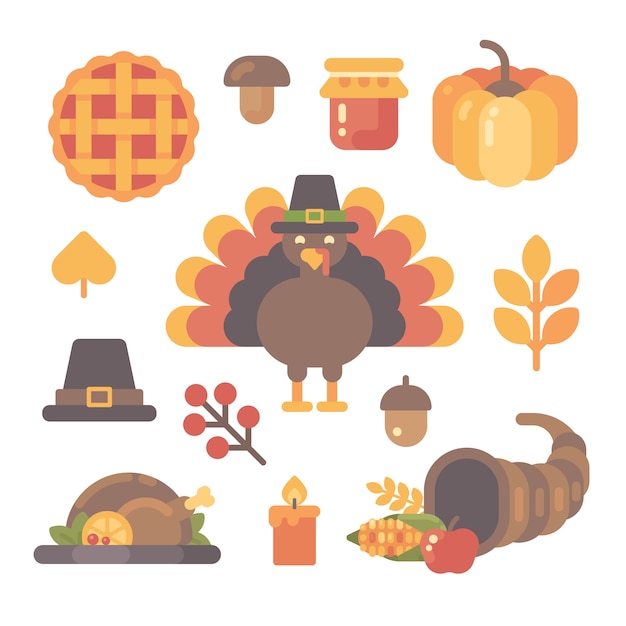 Set of Thanksgiving flat icons on white background.