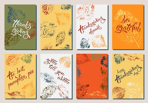 Set of thanksgiving greeting cards for holiday design with lettering and natural multicolored leaves