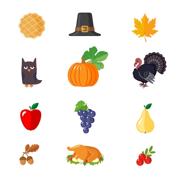 Set of Thanksgiving icons in flat style.