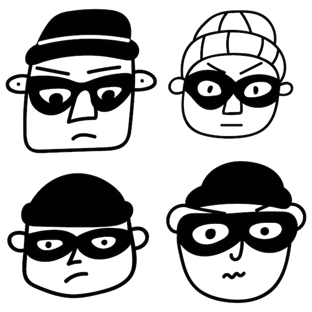 Set of thief's faces wearing masks. Outline icons. Hand drawn vector illustrations