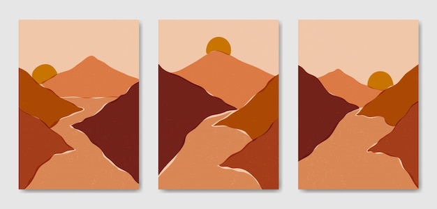 Set of three Abstract Aesthetic mid century modern landscape Contemporary boho poster   template