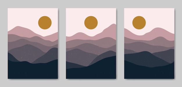 Set of three Abstract Aesthetic mid century modern landscape Contemporary boho poster   template