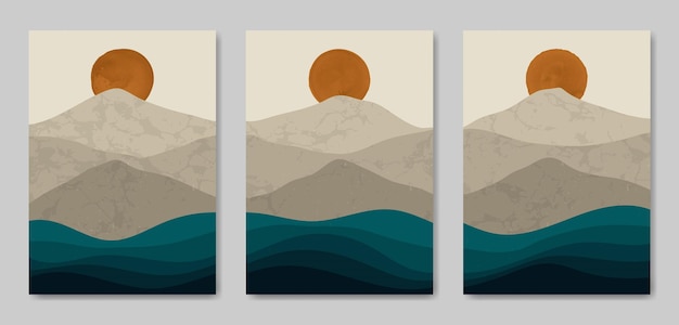 Set of three Aesthetic mid century modern landscape Contemporary boho poster cover template