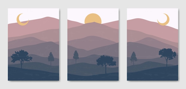 Set of three Aesthetic mid century modern landscape Contemporary boho poster template