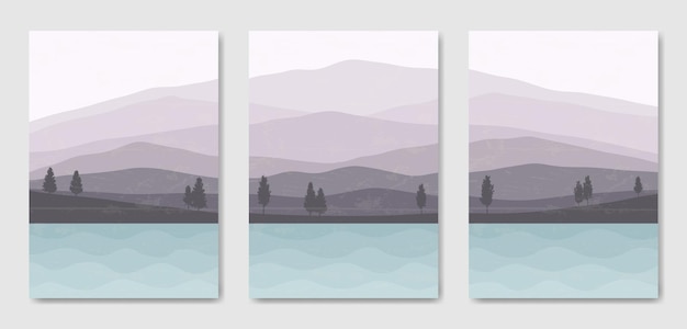 Set of three Aesthetic mid century modern landscape Contemporary boho poster template