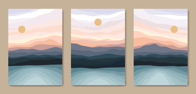 Set of three Beautiful Contemporary Aesthetic Minimal Landscape