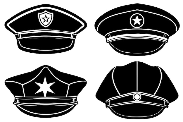 a set of three black and white police hats with a star on the top