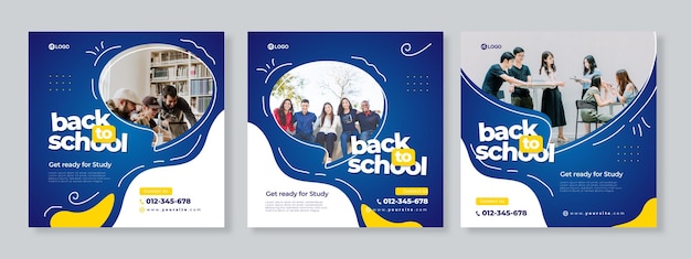 Set of three blue yellow organic fluid banner of back to school social media pack template 