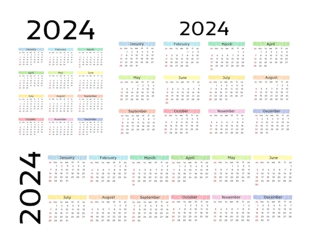 Set of three calendars for 2024 in different forms isolated on a white background Sunday to Monday