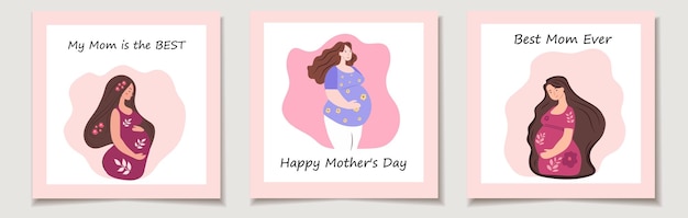 Set of three cards with Mother's Day Portrait of beautiful young pregnant women Concept of pregnan