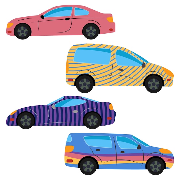 A set of three cars painted in different colors. Vector illustration