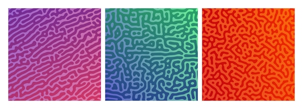 Set of three colorful turing reaction gradient backgrounds Abstract diffusion pattern with chaotic shapes Vector illustration