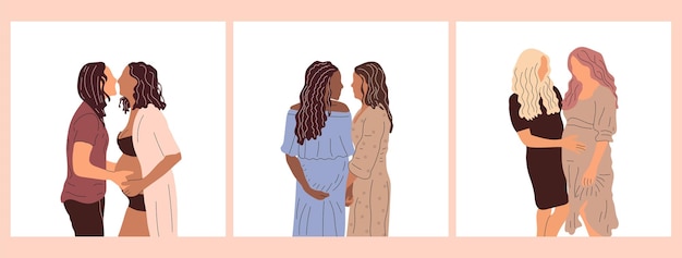 Set of three  couple, pregnancy, lgbtq concept. Young woman girl lesbian cartoon couple.