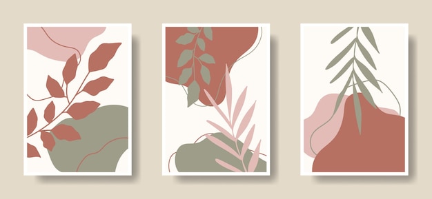 Set of Three Cover Art Abstract Shape with Hand Drawn Leaf Illustration Printable