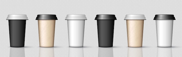 Set of three dimensional paper coffee cups with lids for hot drinks Realistic containers template