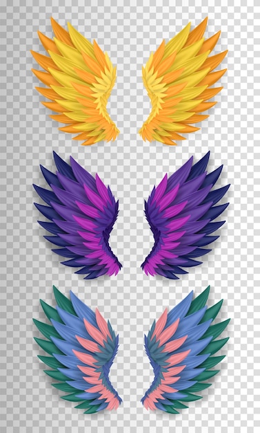 Set of three dimensional realistic wings. Magic golden, purple and colorful angel or bird wings.