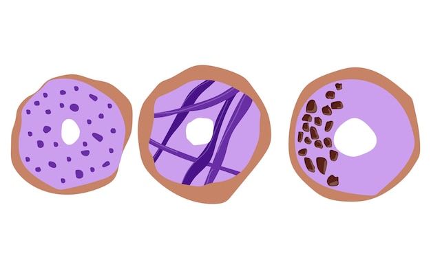 Set of three donuts with purple icing donut icon vector illustration