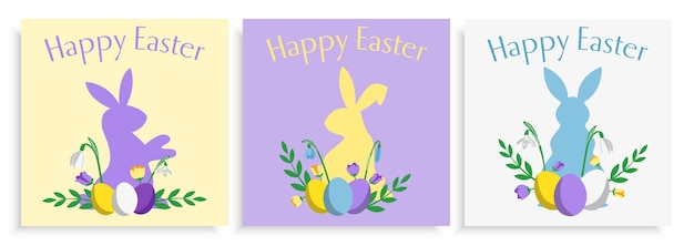 Set of three Easter card design templates with bunnies and flowers flat style pastel coloured