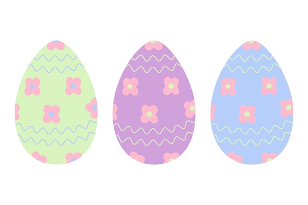 Set of three Easter eggs in trendy soft green lilac and blue with pattern of wavy lines and flowers