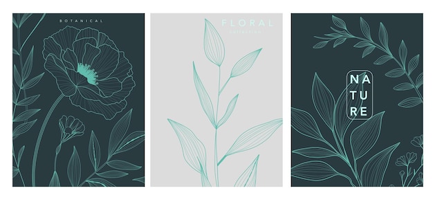 Vector set of three elegant botanical posters featuring teal line art of flowers and leaves