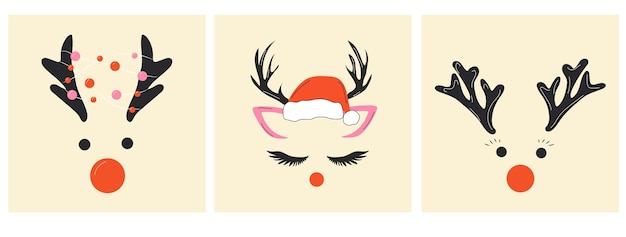 Set of three faces of a cute Christmas deer with a garland.Vector in cartoon style.