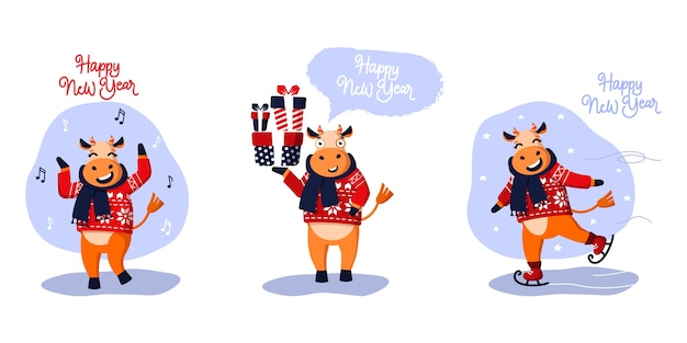 Vector set of three festive bulls. symbol of the new year