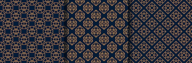 Set of three Gemstone Seamless pattern in minimal trendy style. Gold linear diamonds on a dark blue background. Vector Abstract geometric texture for paper, cards, invitations, fabric.