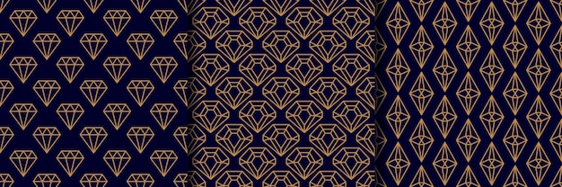 Set of three Gemstone Seamless pattern in minimal trendy style. Gold linear diamonds on a dark blue background. Vector Abstract geometric texture for paper, cards, invitations, fabric.