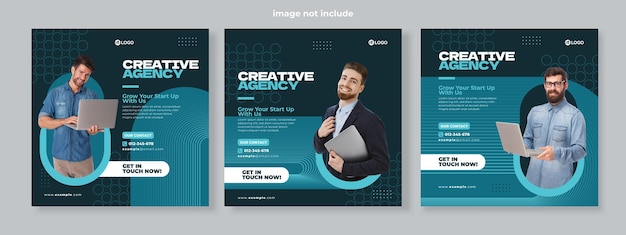 Set of three geometric background of creative agency promotion banner social media pack template premium vector