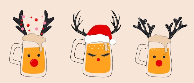 Set of three Glasses of beer with Christmas accessories. Santa hat, deer horns. Vector