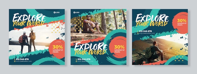 Set of three grunge banner of travel promotion social media pack template 