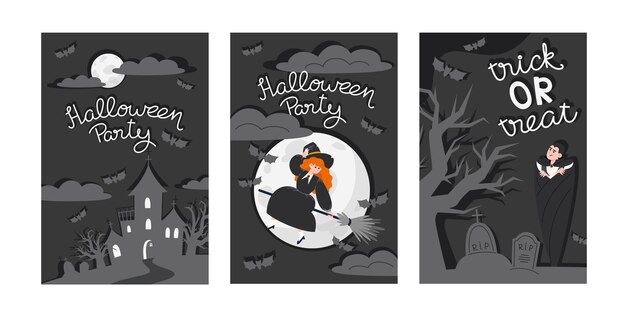 Vector set of three halloween posters featuring vampire witch and castle