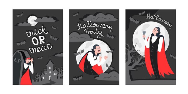 Vector set of three halloween posters featuring a vampire