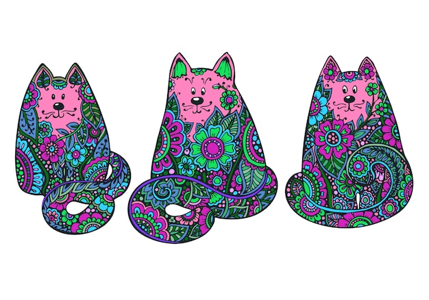 Set of three hand drawn doodle colorful cats