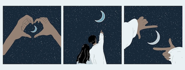 Set of three Hands show heart on moonlit night. Romantic vector illustration with hand gesture