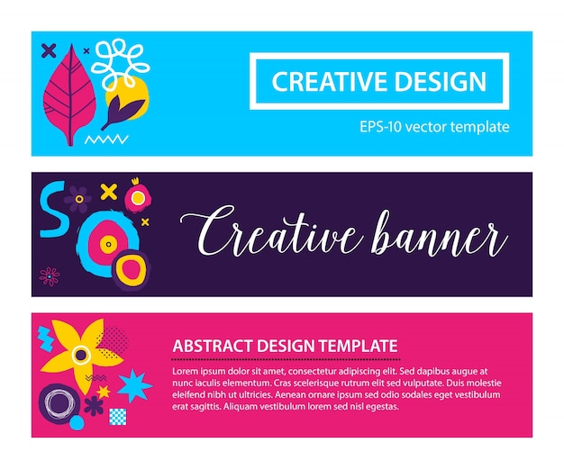 Set of three horizontal banners with abstract hand drawn elements.