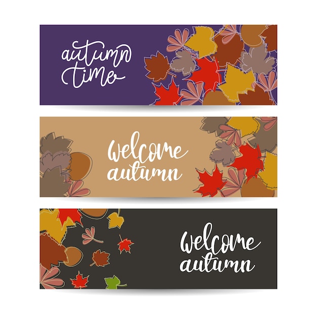 Set of three horizontal banners with autumn maple leaves Collection of templates for autumn sales with text Vector EPS 10