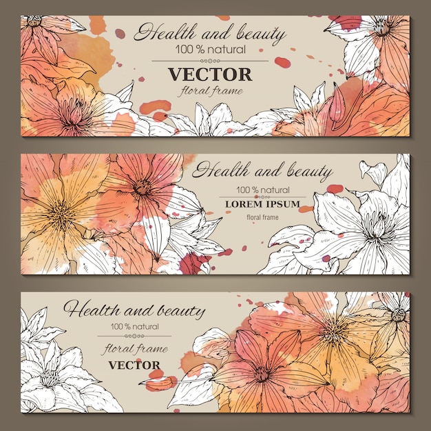 Set of three horizontal banners with beautiful clematis flowers