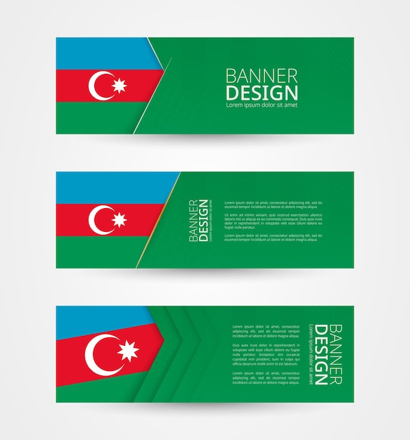 Set of three horizontal banners with flag of Azerbaijan Web banner design template in color of Azerbaijan flag