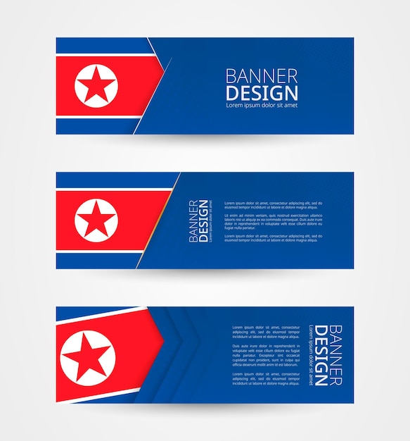 Set of three horizontal banners with flag of North Korea Web banner design template in color of North Korea flag