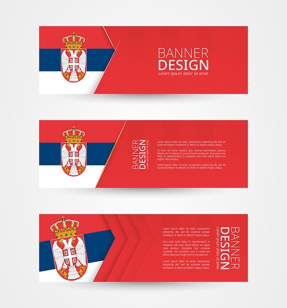 Set of three horizontal banners with flag of Serbia Web banner design template in color of Serbia flag