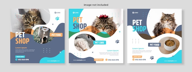 Set of three liquid background of pet shop banner promotion social media pack template premium vector