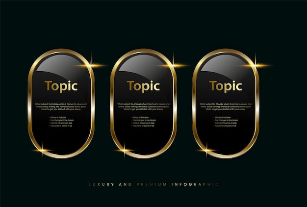 Set of three luxury buttons of user interface design and golden banner on dark background