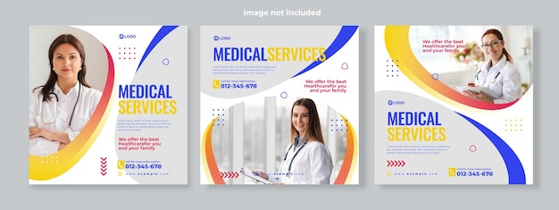 Set of three medical social media pack template premium vector