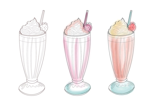 Vector set of three milkshakes with whipped cream