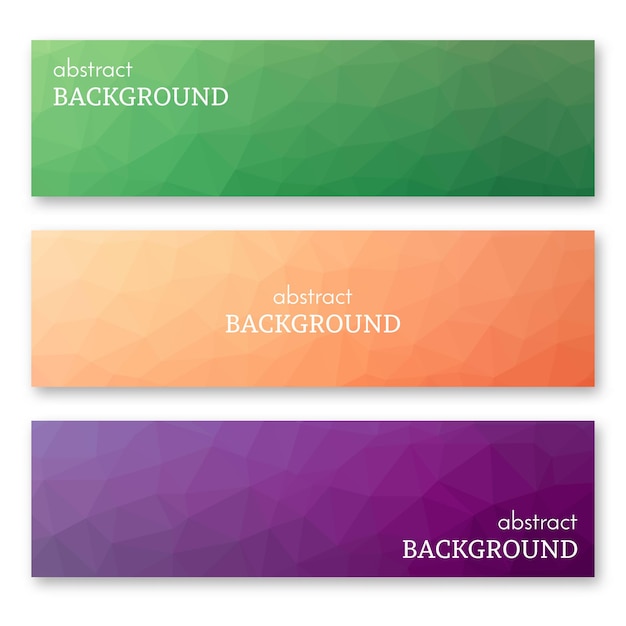 Set of three multi colored banners in low poly art style. Background with place for your text. Vector illustration