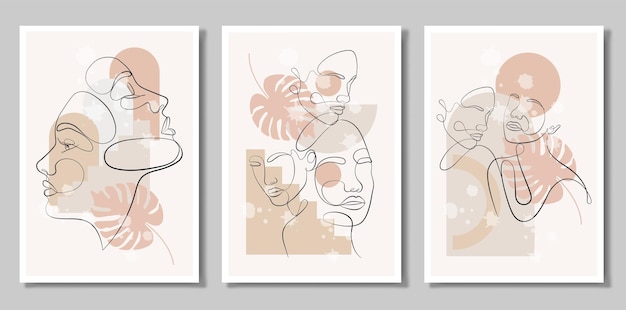 A set of three paintings Vector portrait in a minimalist style