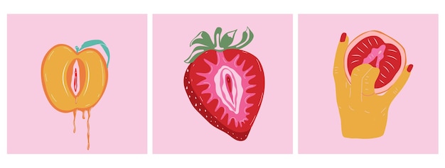 Set of three Sexual hand gesture and Fruit with outlines female labia Illustrator a vagina Vector