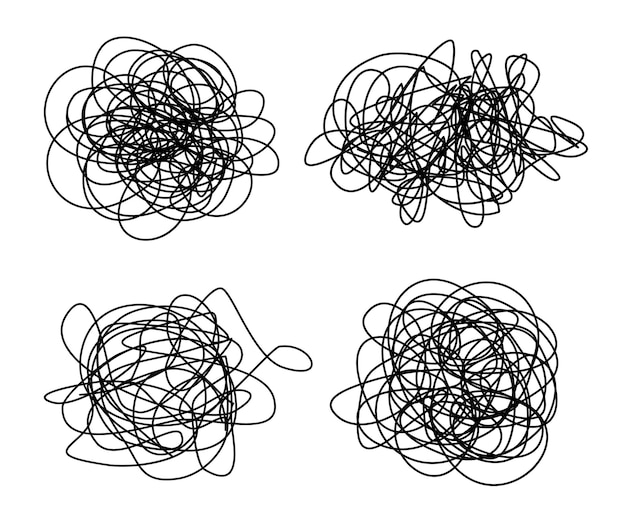 Vector set of three tangled grungy round scribbles hand drawn with thin line isolated on white background vector illustration