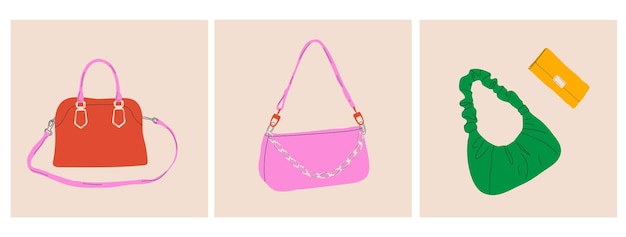 Set of three  various colorful female bags. Fashionable leather accessories. Hand drawn trendy